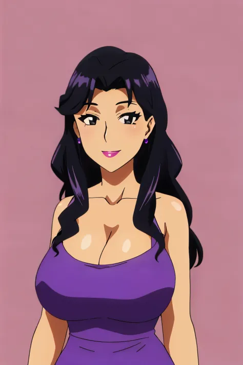 bonnie,black hair,black eyes,lipstick, long curly hair, small round earrings,purple dress,cleavage,huge breasts, smile, standing,upper body(insanely detailed, beautiful detailed face, masterpiece,best quality),
