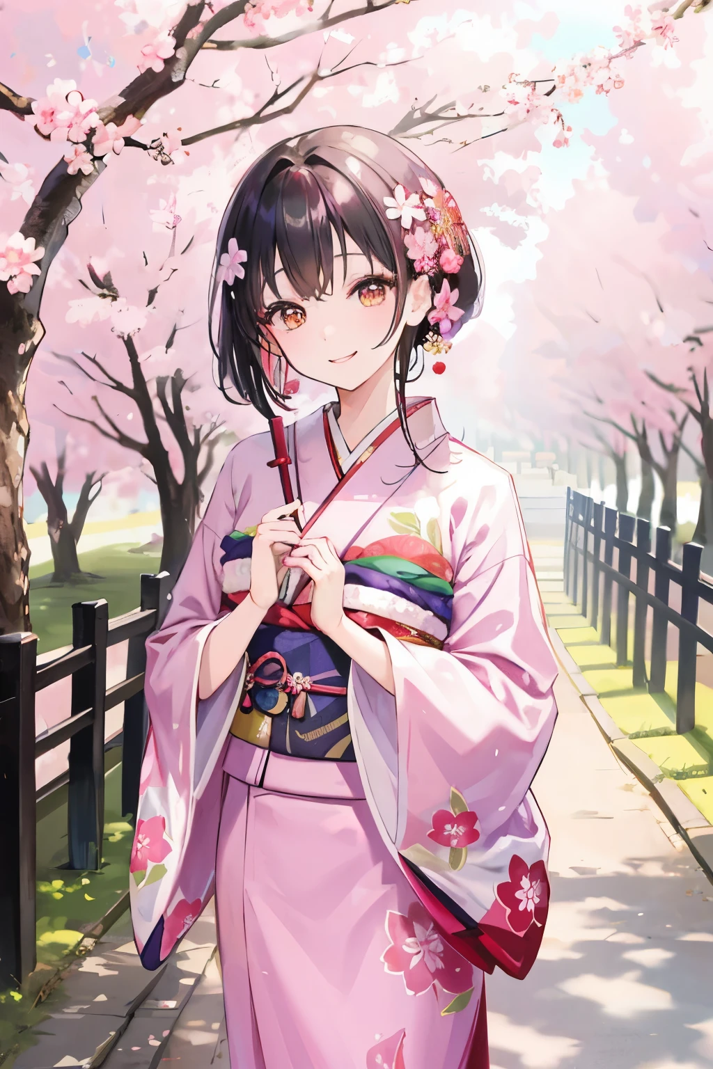kimono, Furisode, Smiling, whole body, I&#39;m in the temple grounds, Wearing a kimono with a cherry blossom pattern, spring