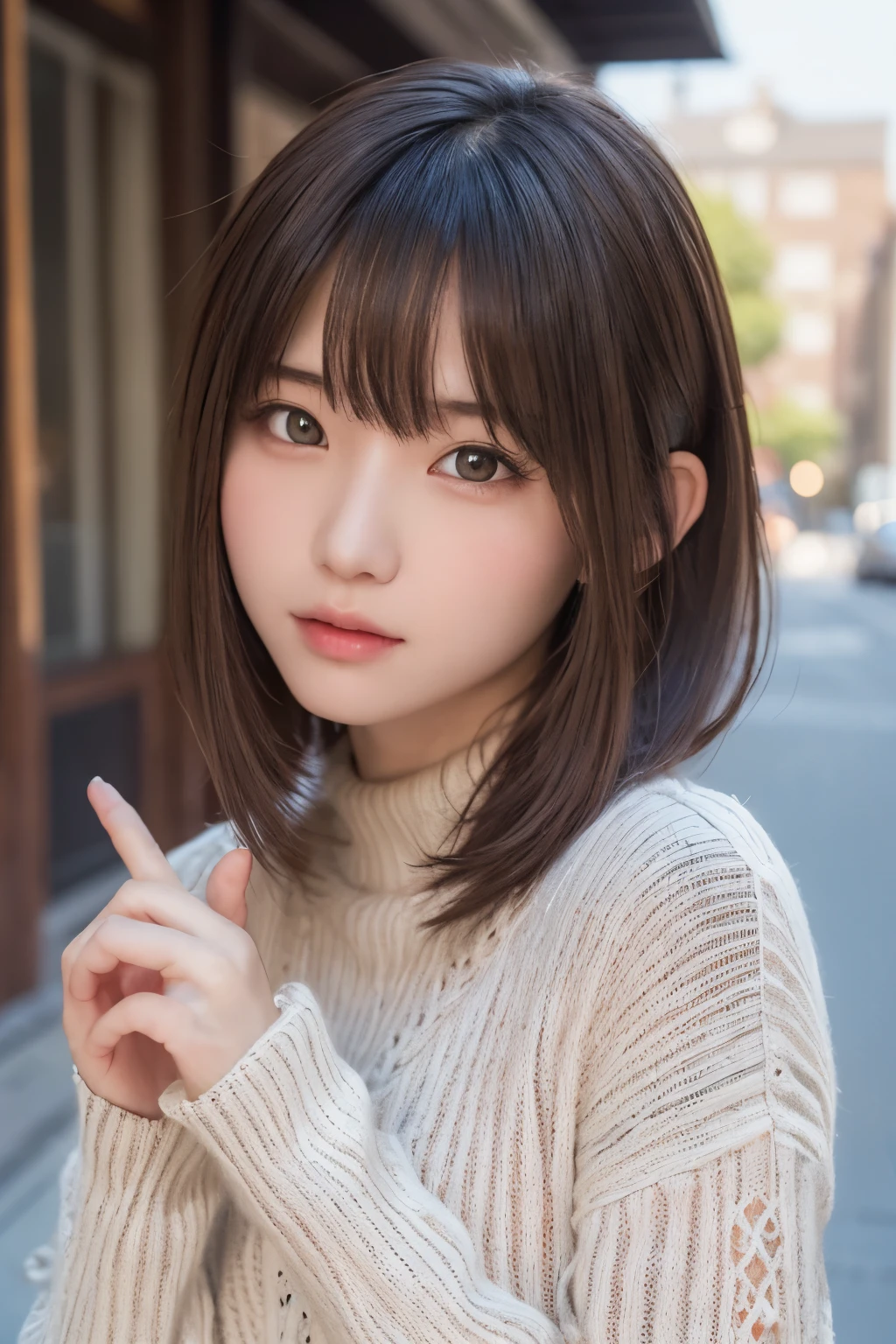 one girl, (a beauty girl, delicate girl:1.3), (, loli:1.3),
break, (long knit sweater, one-piece:1.3),
break, very fine eye definition, (symmetrical eyes:1.3),
break, (street snap:1.3), (index finger in front of your eye, wink, close one eye:1.3), perfectly trimmed fingers,
break, small breasts, brown eyes, parted bangs, brown hair, petite girl,
break, (eyes and faces with detailed:1.0),
break, (masterpiece, best quality, ultra detailed, detailed face, 8k)