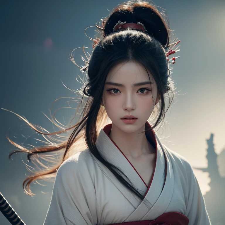 (original photo:1.2), (lifelike), Beautiful and exquisite beauty, 半遮脸面具白色衣服Very detailed eyes and face, beautiful and delicate eyes, File size is large, high resolution, Very detailed, best quality, [on the table:1.6], illustration, Very detailed, Exquisite details, best quality, 8k wallpaper, Light, Female swordsman, ponytail dark hair, 开胸白色kimono, kimono&#39;s chest is open，White is clearly visible.,  Legendary Sword, 透视kimono, serious facial expression, Slim, young face, big breasts, Physical maturity,On the foggy battlefield, Great sword, Be attacked by monsters，