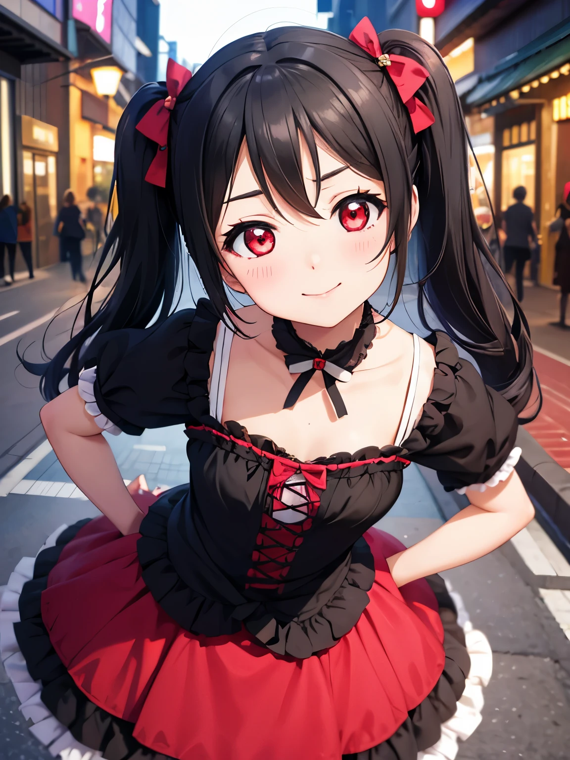 woman portrait ,20 years,Nico Yazawa、closed mouth、Upper body,idol costume,Tokyo street,cinematic lighting、smile,red eyes、beautiful tidy hair、twin tails、Gothic Lolita、ピンク色のGothic Lolita服、Forward posture、Absolute reference to center、