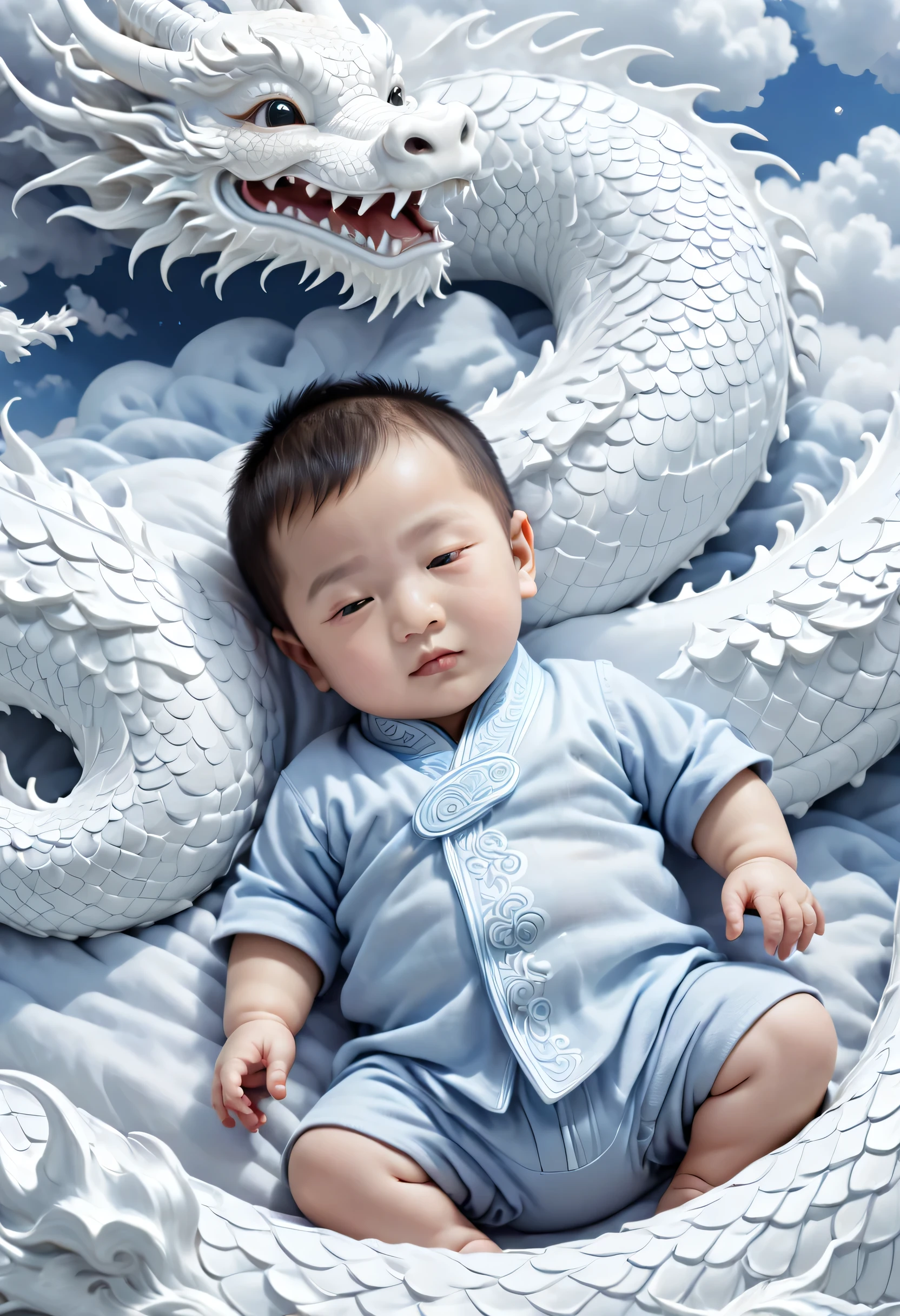 Un petit garçon chinois de deux ans,charmant, Visage rond,Dormir sur le lit du dragon blanc, Zhu Lian&#39;Peinture réaliste, Gagnants du concours Shutterstock, art fantastique, un dragon fait de nuages, Fantaisie chinoise, Allongé au pays des merveilles de Baiyun，lentille, style, Détails complexes et raffinés, haute qualité，garçon de Chine