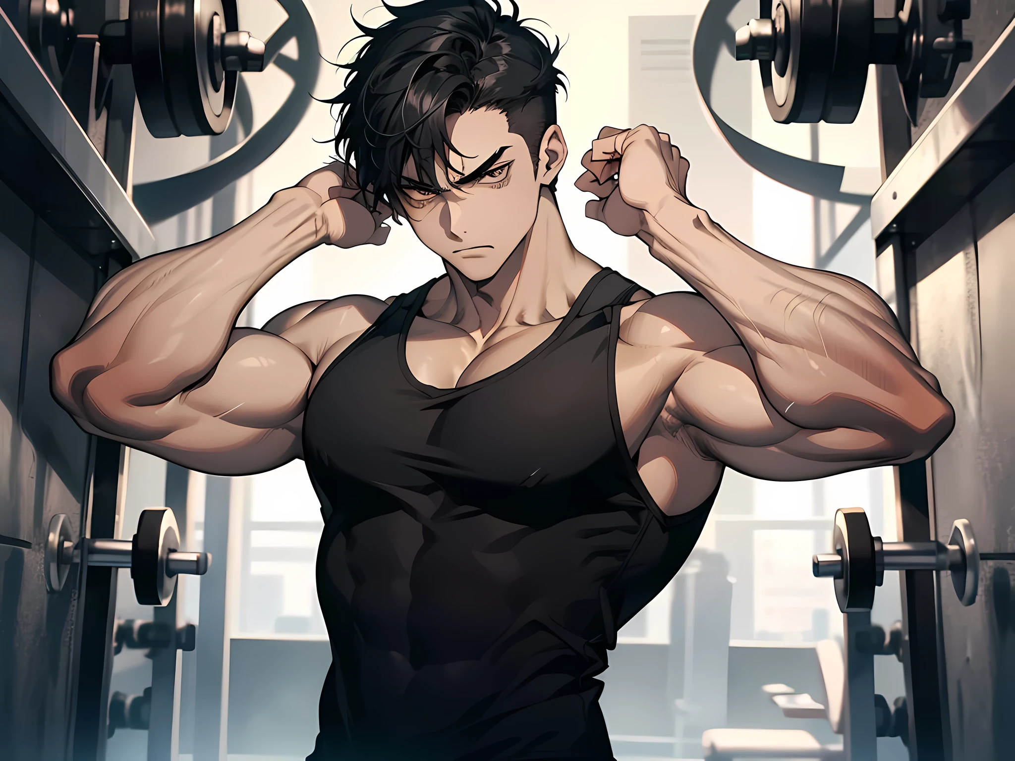 Anime guy with a muscular body and a black tank top - SeaArt AI