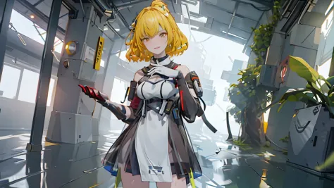 ((Best quality)), ((masterpiece)), (detailed:1.4), 3D, an image of a beautiful cyberpunk female, short yellow hair, red eyeys,HD...