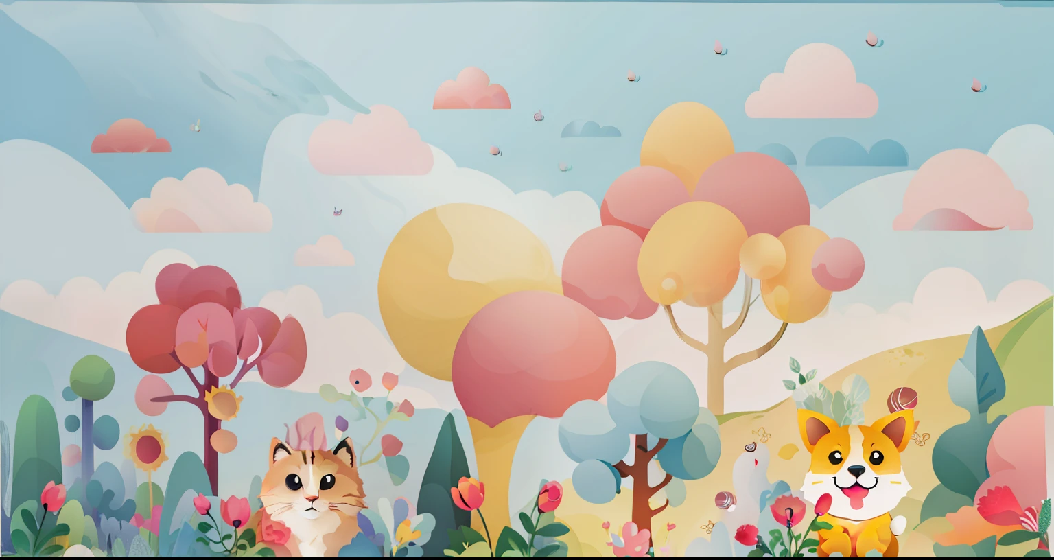 There are two cats standing on the grass, Candy Forest, soft forest background, Lovely numbers Art, Fairy tale style background, Lovely numbers, hand painted cartoon art style, whimsical forest, Magic forest background, sky forest background, 4k high definition illustration wallpaper, Highly detailed scenes, kingdom of light background, Lovely and detailed digital art, Lying in Baiyun Wonderland