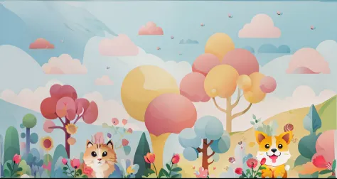 There are two cats standing on the grass, Candy Forest, soft forest background, Lovely numbers艺术, Fairy tale style background, Lovely numbers, hand painted cartoon art style, whimsical forest, Magic forest background, sky forest background, 4k high definit...