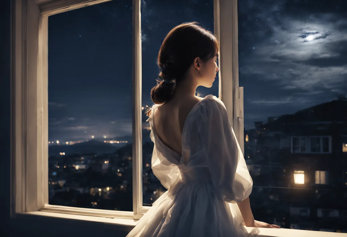 ((lean against the window))beautiful young woman((back view))、visible through the large window((night sky))、moonlight illuminati...
