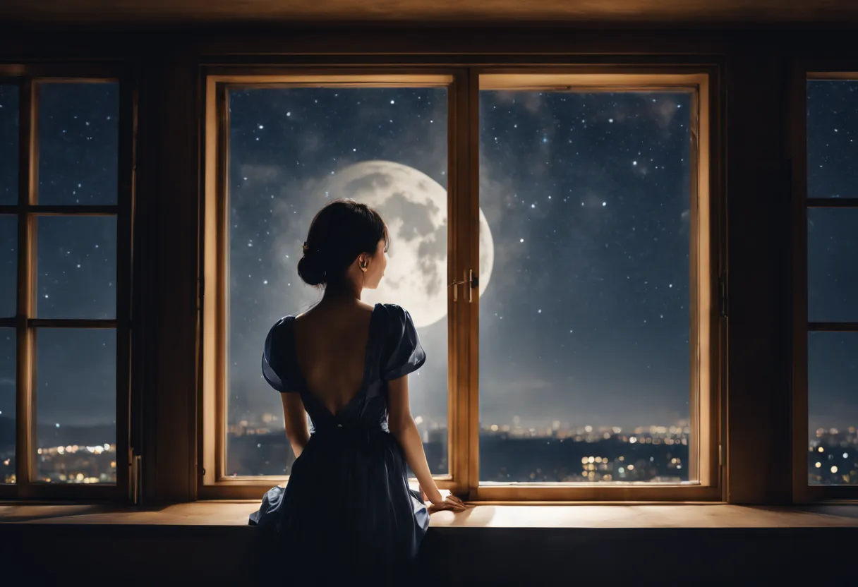 ((lean against the window))beautiful young woman((back view))、visible through the large window((night sky))、moonlight illuminati...