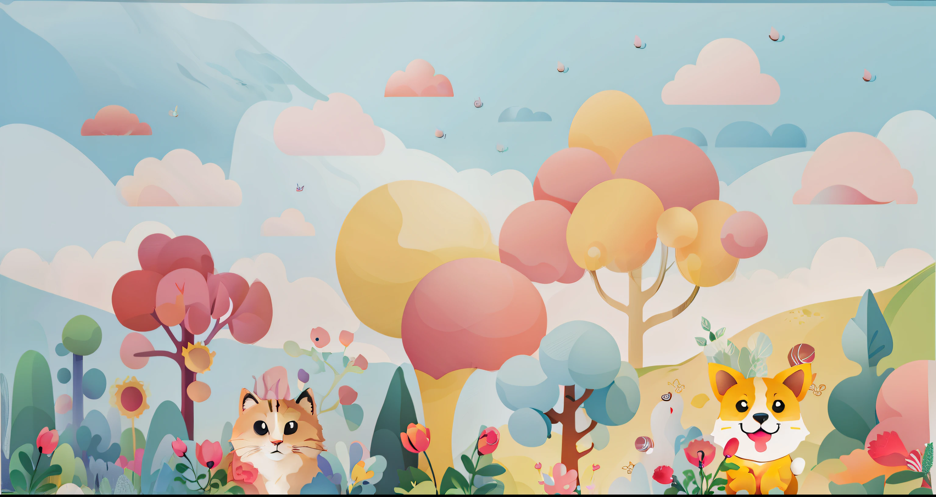 There are two cats standing on the grass, Candy Forest, soft forest background, Lovely numbers Art, Fairy tale style background, Lovely numbers, hand painted cartoon art style, whimsical forest, Magic forest background, sky forest background, 4k high definition illustration wallpaper, Highly detailed scenes, Land of Light background, Cute and detailed digital art, Lying in Baiyun Wonderland