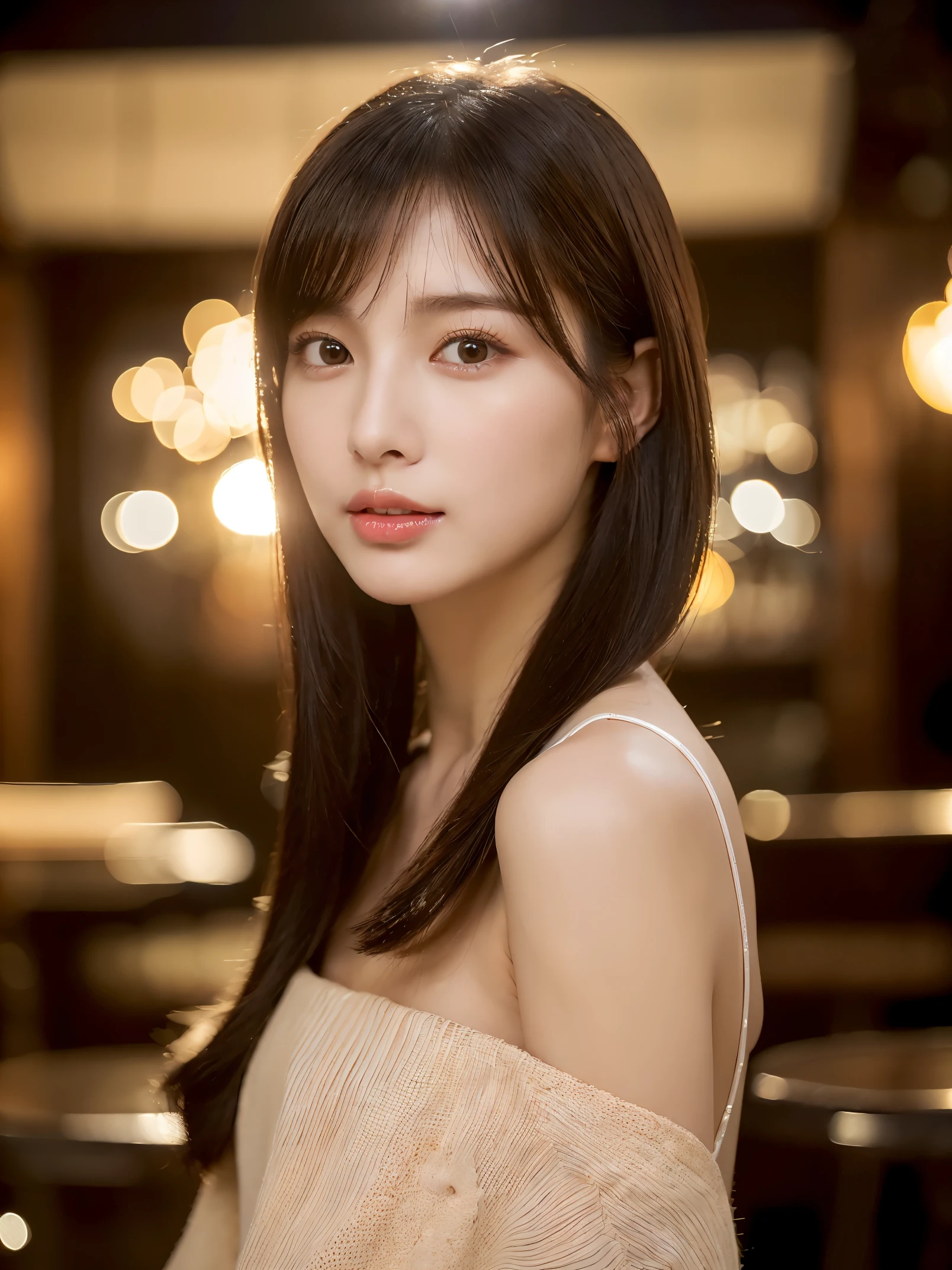 (ultra high resolution:1.5)(Super detailed:1.3) (super high quality) (super high quality:1.5) (realistic pictures:1.3) japanese woman　19 years old　((Detailed and beautiful facial features:1.3)) ((realistic skin texture:1.say exactly, high quality eyes:1.3)) ((The beauty of detailed and high-quality ears:1.3)) ((Beautiful skin that is very fair and transparent:1.3)) ((Beautifully groomed straight short bob hair:1.3))complete body　beautiful proportions　(Trend Fashion) (Off-shoulder navy blue knit made of Aranawa)  The background is the inside of a cafe at dusk.　beautiful depiction, Luxurious and stylish interior　((Viewer&#39;s perspective))  (wet half-open lips:1.3). Feminine, soft and gentle shoulders　big breasts　((cute:1.3))  (stunning high resolution images) Girls are very interested in men&#39;s genitals