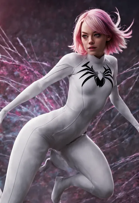 Emma Stone cosplaying as Spider Gwen, Spider Girl white costume - SeaArt AI