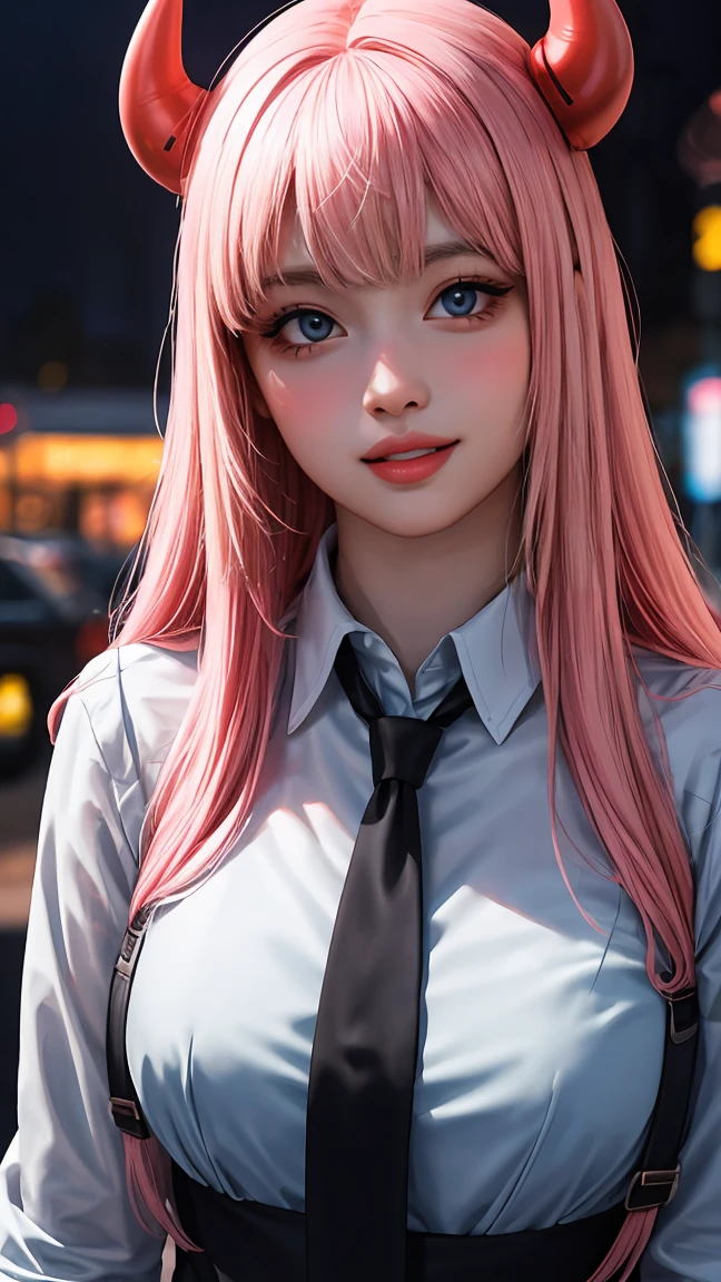 1girl, long pink hair, red horns, white collared shirt, black necktie, light smile, yellow eyes, corneo_power,, buildings,shops,town streets, dark sky, scenery,neon signs,night city, japanese lyrics,, , absurdres, detailed eyes, extremely detailed, volumetric lighting, realistic, realistic lighting, 8k, cinematic lighting, depth of field, perfect, hyper-detailed, photorealistic, ultra realistic, realistic light, hard lighting, intricate details, stop motion, tonemapping, sharp focus, hyper detailed,