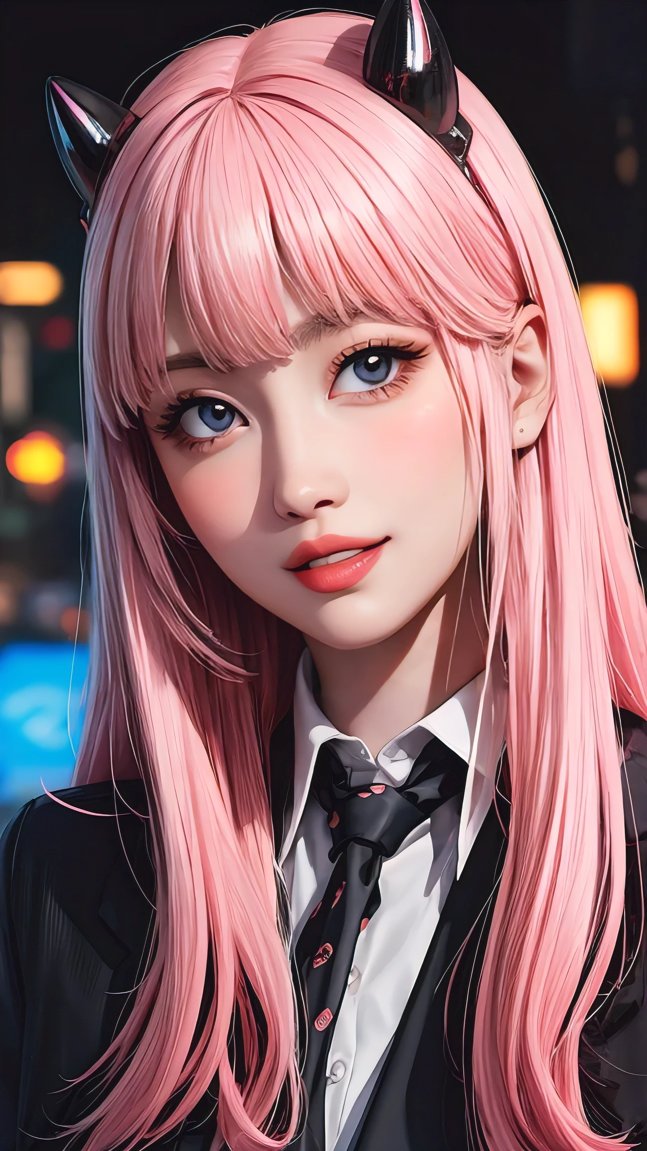 1girl, long pink hair, red horns, white collared shirt, black necktie, light smile, yellow eyes, corneo_power,, buildings,shops,town streets, dark sky, scenery,neon signs,night city, japanese lyrics,, , absurdres, detailed eyes, extremely detailed, volumetric lighting, realistic, realistic lighting, 8k, cinematic lighting, depth of field, perfect, hyper-detailed, photorealistic, ultra realistic, realistic light, hard lighting, intricate details, stop motion, tonemapping, sharp focus, hyper detailed,