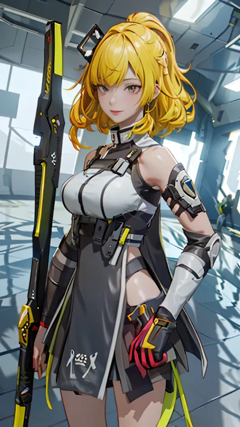 ((Best quality)), ((masterpiece)), (detailed:1.4), 3D, an image of a beautiful cyberpunk female, short yellow hair, red eyeys,HD...