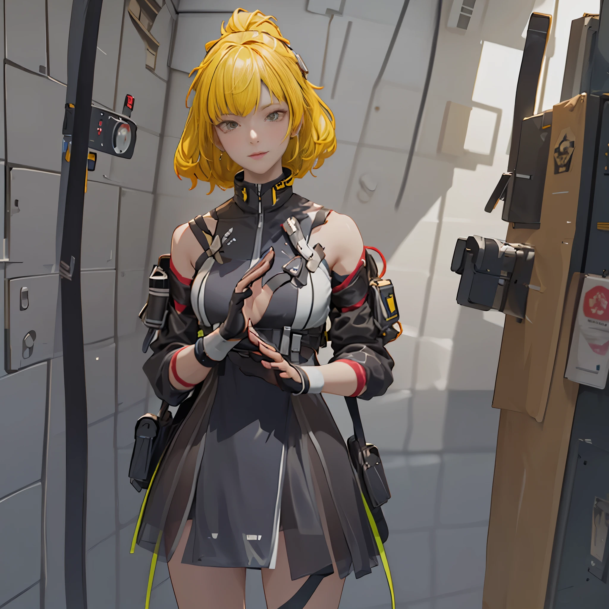 ((Best quality)), ((masterpiece)), (detailed:1.4), 3D, an image of a beautiful cyberpunk female, short yellow hair, red eyeys,HDR (High Dynamic Range),Ray Tracing,NVIDIA RTX,Super-Resolution,Unreal 5,Subsurface scattering,PBR Texturing,Post-processing,Anisotropic Filtering,Depth-of-field,Maximum clarity and sharpness,Multi-layered textures,Albedo and Specular maps,Surface shading,Accurate simulation of light-material interaction,Perfect proportions,Octane Render,Two-tone lighting,Wide aperture,Low ISO,White balance,Rule of thirds,8K RAW,