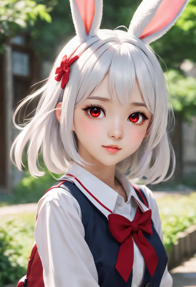 (high quality, anime style, vivid colors), anime girl, with beautiful white hair and vibrant red eyes. She has a shy blush on he...