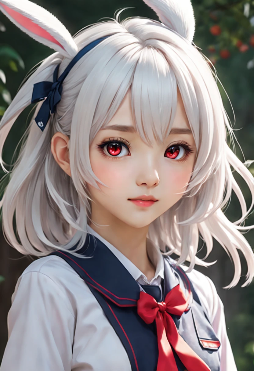 (high quality, anime style, vivid colors), anime girl, with beautiful white hair and vibrant red eyes. She has a shy blush on her cheeks, which adds to her charm. To make her even more adorable and unique, she wears cute bunny ears. Her  is meticulously detailed, with every fold and button perfectly rendered. The artwork showcases the best quality, ultra-detailed realism, capturing the intricate features of the character and her surroundings. The anime style brings a sense of dynamism and liveliness to the image, emphasizing the character's expressive eyes and delicate facial features. The colors used are vibrant and eye-catching, adding to the overall appeal of the artwork. The lighting creates depth and enhances the three-dimensional feel of the image. With this prompt, Stable Diffusion will create a masterpiece that portrays the beauty of an anime girl with striking realism and vivid colors.