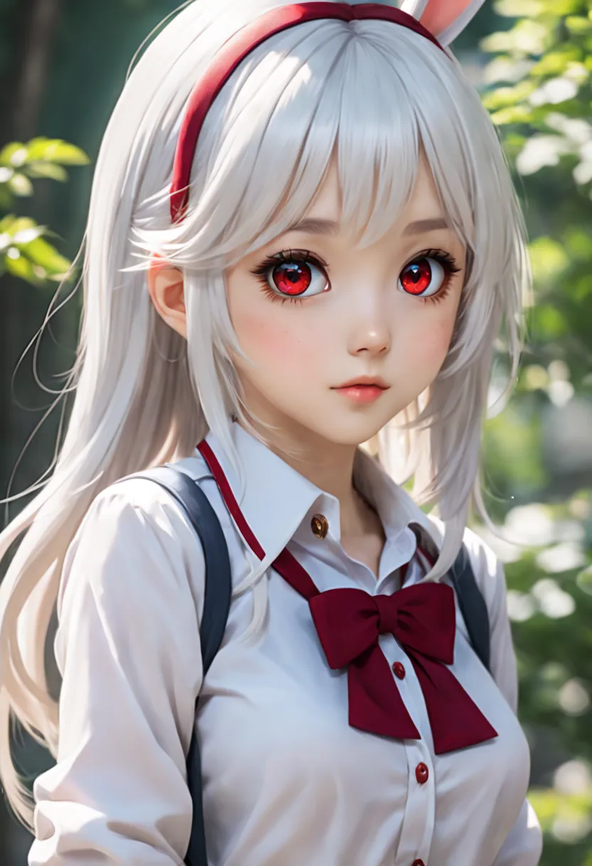 (high quality, anime style, vivid colors), anime girl, with beautiful white hair and vibrant red eyes. She has a shy blush on he...