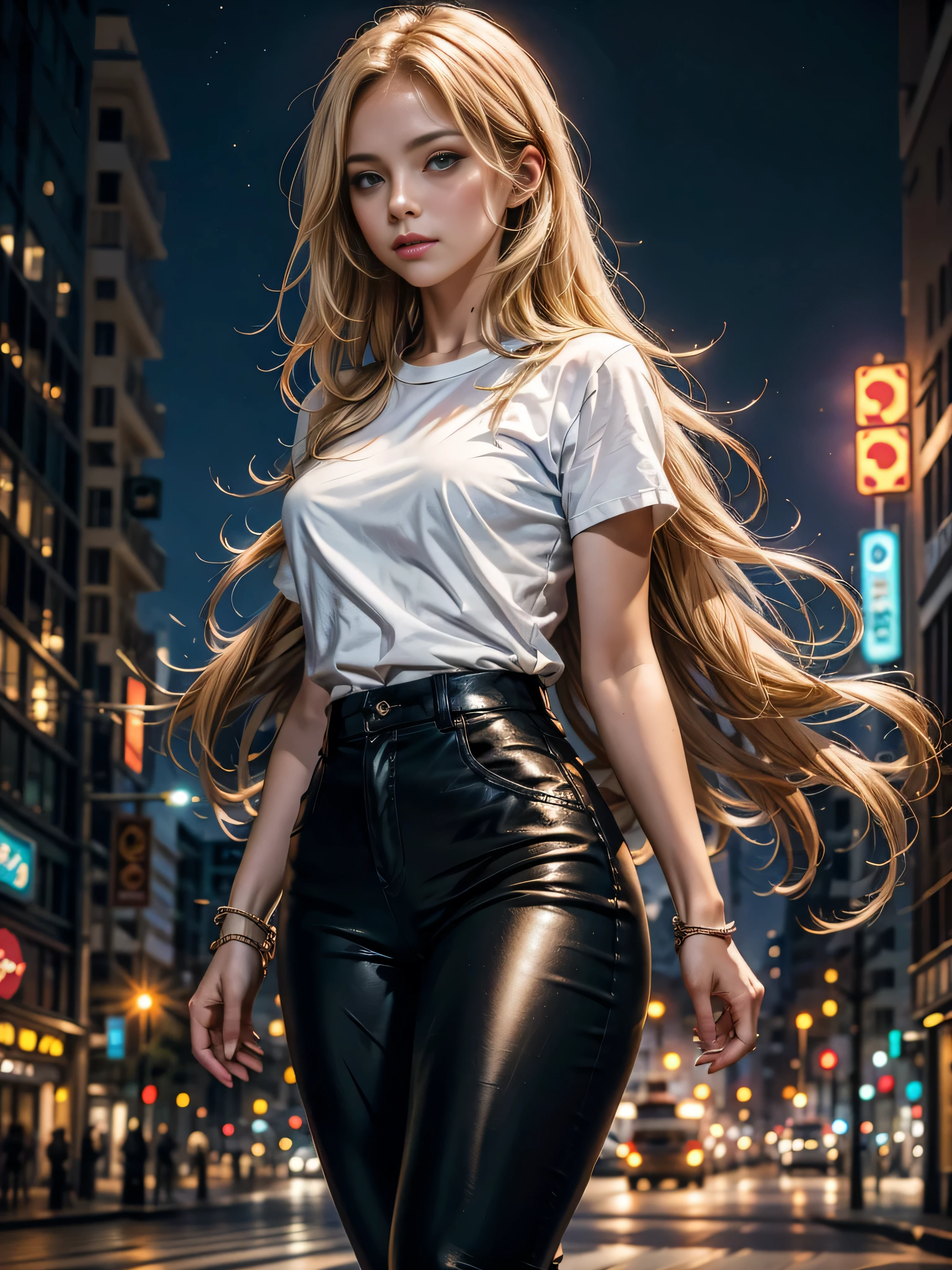 dans un style photoréaliste, une femme blonde aux cheveux longs dans un pantalon en cuir noir et un t-shirt court blanc, se tient sur une grande avenue de la ville la nuit à la lumière du néon, Arrière-plan flou, bokeh