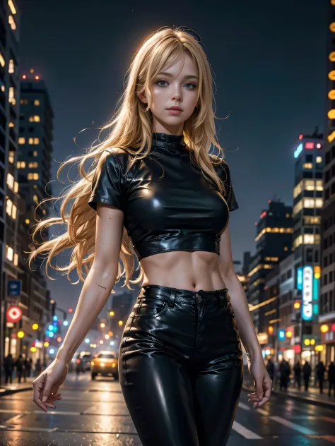 in photorealistic style, a blonde woman with long hair in black leather pants and a white short t- shirt, stands on a big city a...