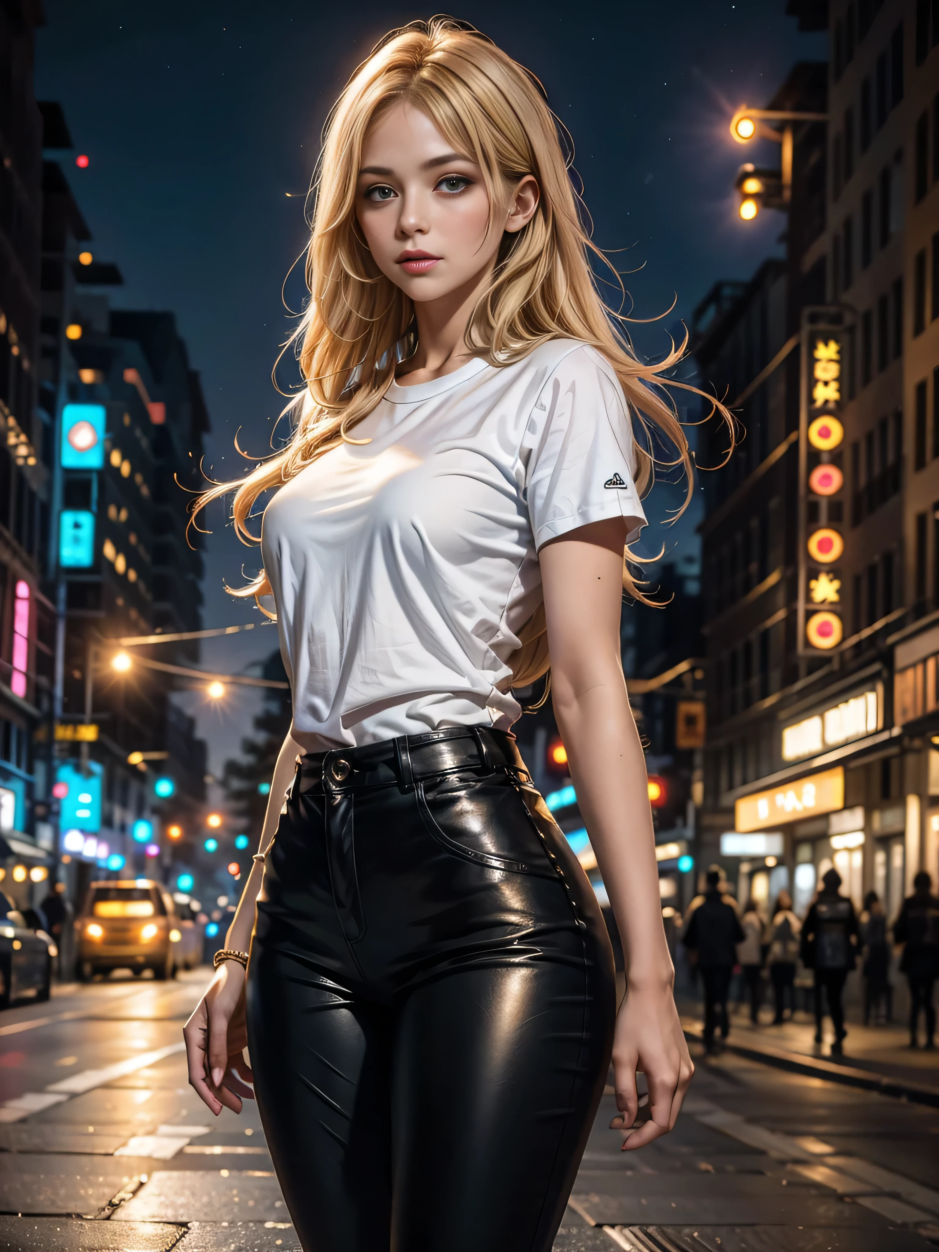 in photorealistic style, a blonde woman with long hair in black leather pants and a white short t- shirt, stands on a big city avenue at night in neon light, blurred background, bokeh