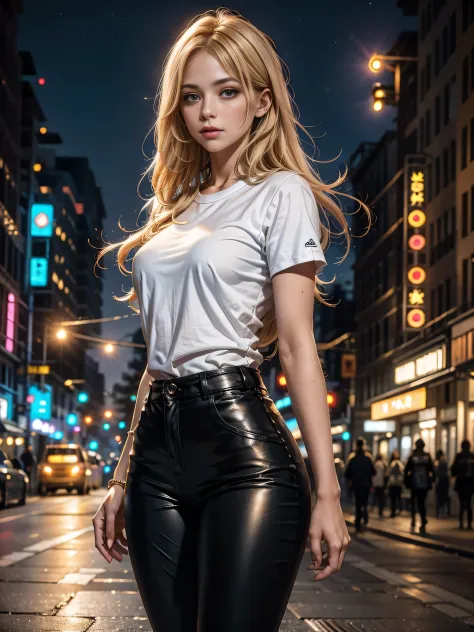 in photorealistic style, a blonde woman with long hair in black leather pants and a white short t- shirt, stands on a big city a...
