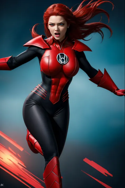masterpiece, 4k resolution, Hyper realistic, best quality, 1girl, red  haired, teal red bloody eyes, perfect body, big boobs, amazing red eyes, red lantern costume, destructive background, 