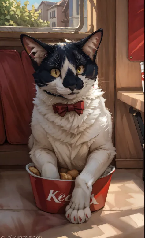 Leo, feral, black and white cat, fluffy, yellow cat eyes, cute cat, by kenket, inside of a kfc, smiling, happy, surrounded by fr...