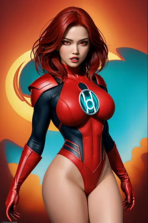 masterpiece, 4k resolution, Hyper realistic, best quality, 1girl, red  haired, teal red bloody eyes, perfect body, big boobs, amazing red eyes, red lantern costume, destructive background, 