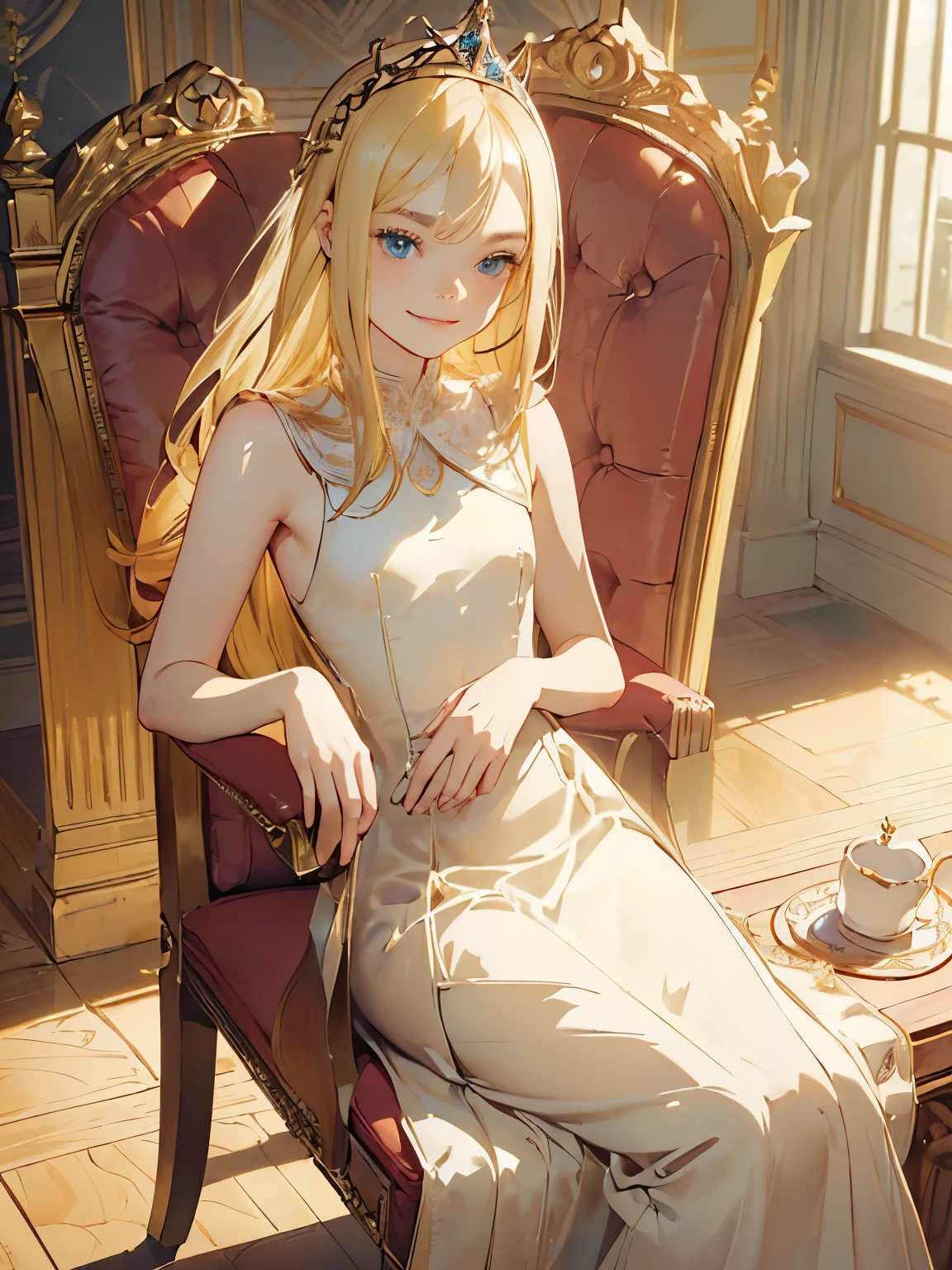 ((( masterpiece ))) ((( background : in s castle : elegant room))) ((( character : Elle Fanning : long elegant blonde hair : small breast : princess dress : fit body :  : sitting on a chair : innocent smile )))