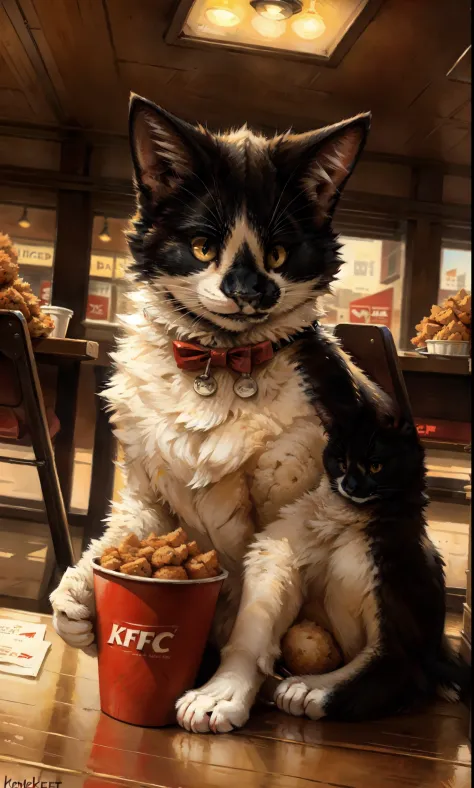 Leo, feral, black and white cat, fluffy, yellow cat eyes, cute cat, by kenket, inside of a kfc, smiling, happy, surrounded by fried chicken, in a kfc restaurant, popping out of a kfc bucket 