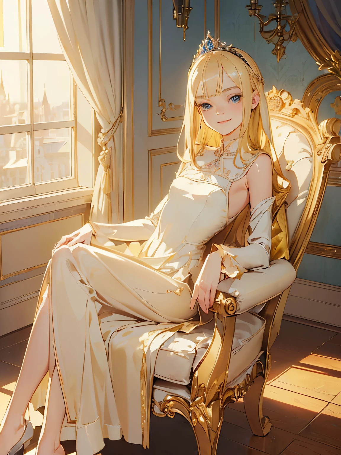 ((( masterpiece ))) ((( background : in s castle : elegant room))) ((( character : Elle Fanning : long elegant blonde hair : small breast : princess dress : fit body :  : sitting on a chair : innocent smile )))