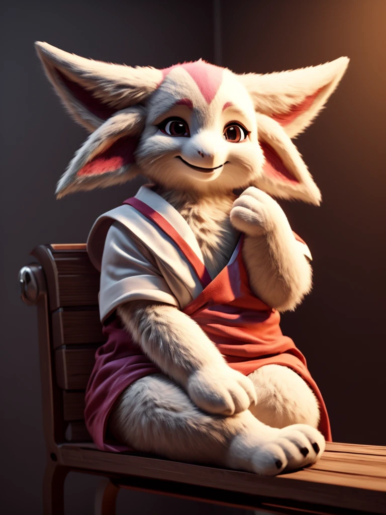 ((best quality)), ((masterpiece)), (detailed), perfect face, solo, anthro, mammal, , long hair, 3d (artwork), female, grey background, clothing, hi res, fur, background, clothed, digital media (artwork), audino, pokemon, smile, portrait, hospital, bench, photorealistic, fairy, ears down, drooping ears, holding out paws