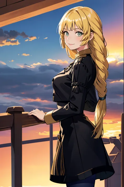 masterpiece, best quality,  defingrid, bangs, braided ponytail, black jacket, black skirt, blue pantyhose, cowboy shot, from side, looking at viewer, smile, clouds, sky, field, sunset