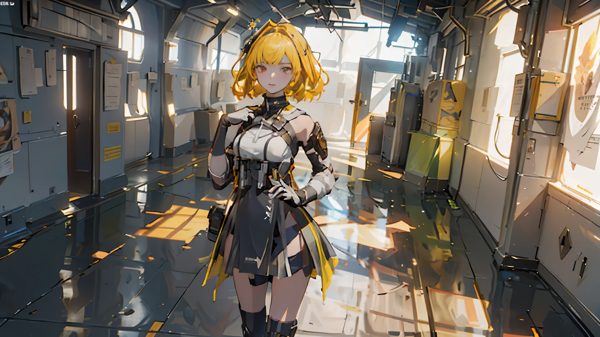 ((Best quality)), ((masterpiece)), (detailed:1.4), 3D, an image of a beautiful cyberpunk female, short yellow hair, red eyeys,HDR (High Dynamic Range),Ray Tracing,NVIDIA RTX,Super-Resolution,Unreal 5,Subsurface scattering,PBR Texturing,Post-processing,Anisotropic Filtering,Depth-of-field,Maximum clarity and sharpness,Multi-layered textures,Albedo and Specular maps,Surface shading,Accurate simulation of light-material interaction,Perfect proportions,Octane Render,Two-tone lighting,Wide aperture,Low ISO,White balance,Rule of thirds,8K RAW,