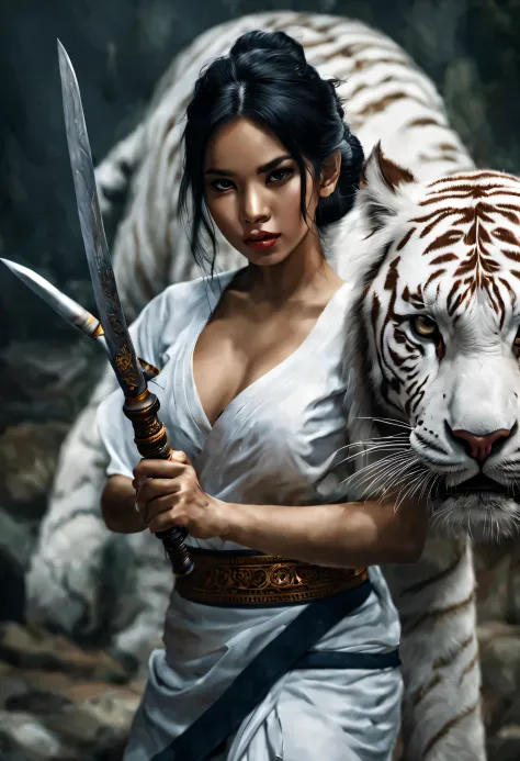 beautiful Girl on white tiger, to fighting, holding knife, Girl wearing thailand traditional dress, black hair, digital art