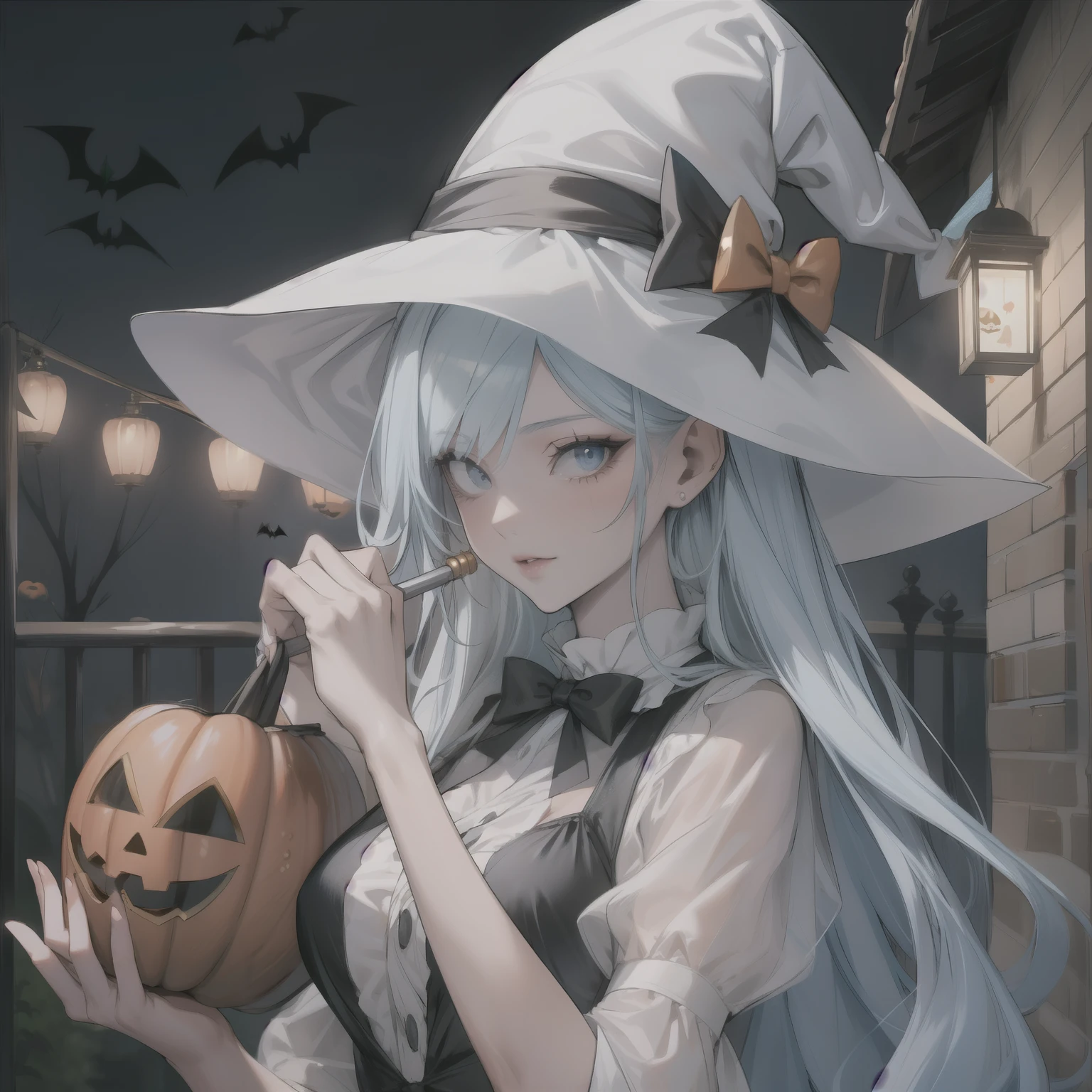 Mulher com longos cabelos azuis claros distribuindo doces durante o Halloween, adulto, peito de tamanho médio, vestindo uma fantasia sexy de Halloween