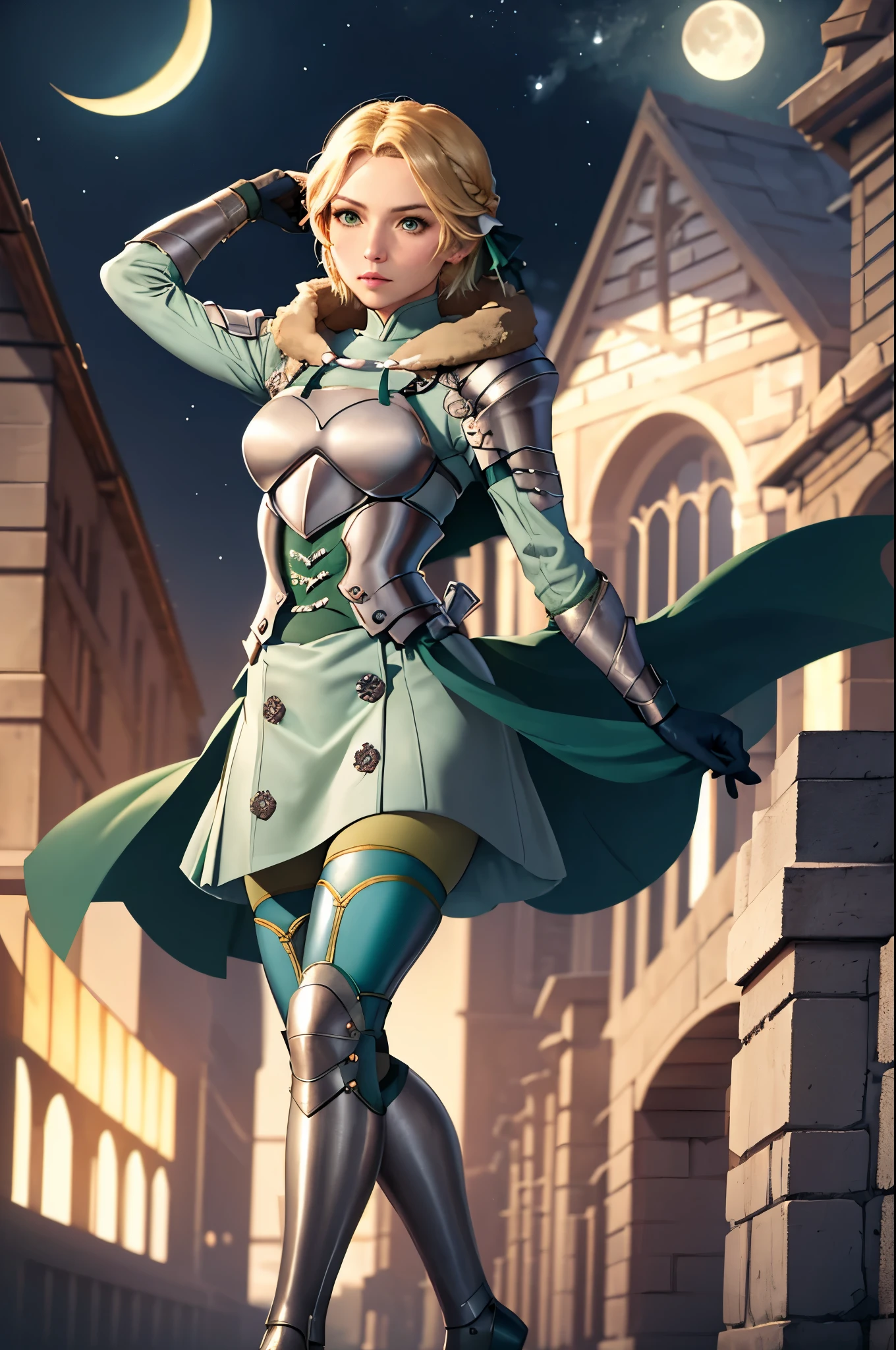 masterpiece, best quality,  waringrid, short hair, hair ribbons, shoulder armor, armor, breastplate, underbust, green coat, fur trim, vambraces, blue gloves, green skirt, white pants, green cape, standing, looking at viewer, night, moon