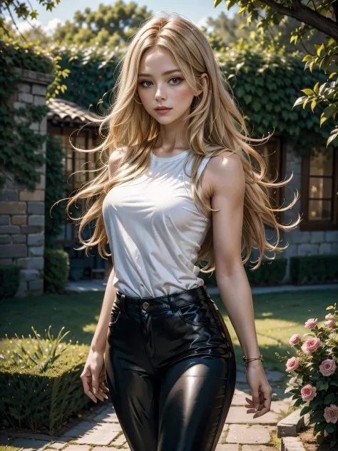 in photorealistic style, a blonde woman with long hair in black leather pants and a white short t- shirt, he stands in the flowe...