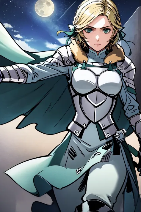 masterpiece, best quality,  waringrid, short hair, hair ribbons, shoulder armor, armor, breastplate, underbust, green coat, fur trim, vambraces, blue gloves, green skirt, white pants, green cape, standing, looking at viewer, night, moon, holding sword, swo...