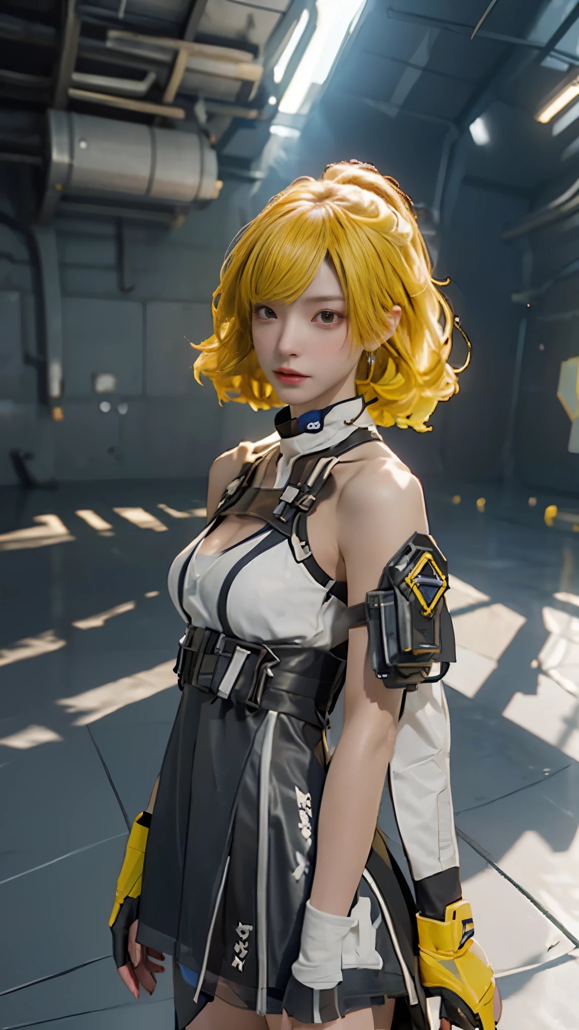 ((Best quality)), ((masterpiece)), (detailed:1.4), 3D, an image of a beautiful cyberpunk female, short yellow hair, red eyeys,HDR (High Dynamic Range),Ray Tracing,NVIDIA RTX,Super-Resolution,Unreal 5,Subsurface scattering,PBR Texturing,Post-processing,Anisotropic Filtering,Depth-of-field,Maximum clarity and sharpness,Multi-layered textures,Albedo and Specular maps,Surface shading,Accurate simulation of light-material interaction,Perfect proportions,Octane Render,Two-tone lighting,Wide aperture,Low ISO,White balance,Rule of thirds,8K RAW,