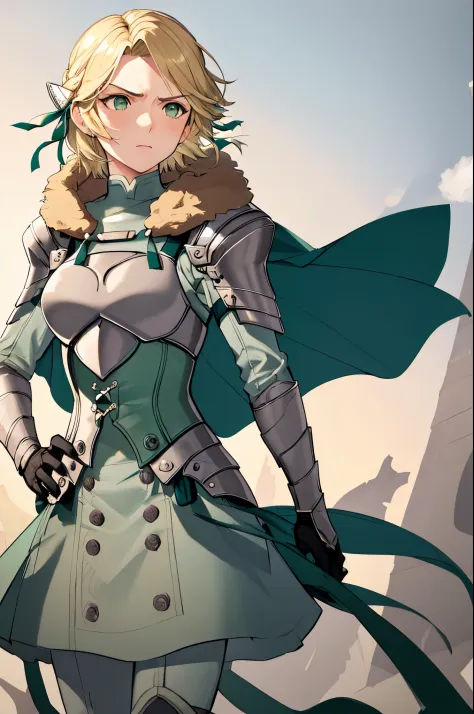 masterpiece, best quality,  waringrid, short hair, hair ribbons, shoulder armor, armor, breastplate, underbust, green coat, fur trim, vambraces, blue gloves, green skirt, white pants, green cape, standing, hands to hips, furrowed brow, serious