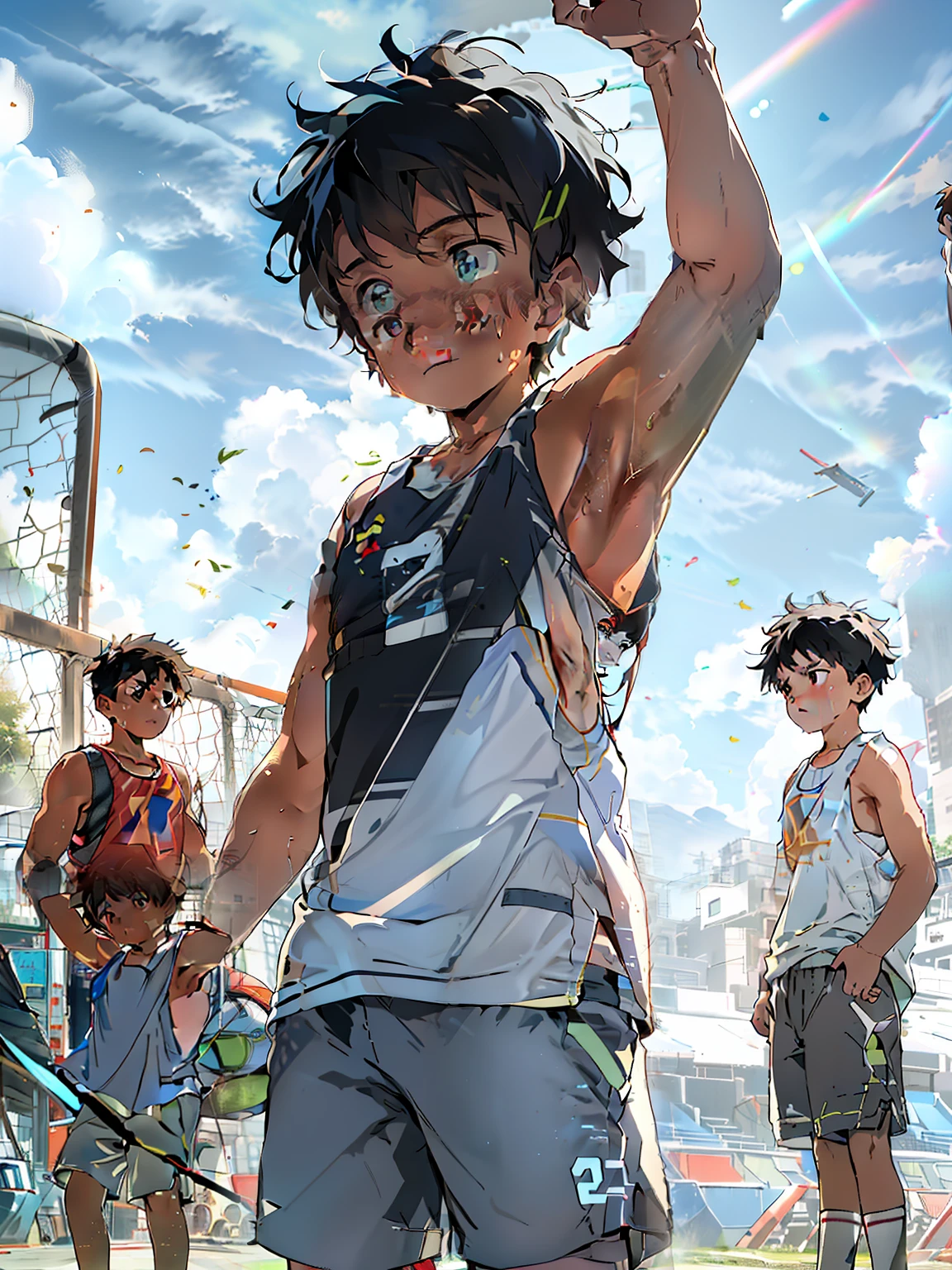 Highres, Masterpiece, Best quality at best,Best Quality,hight quality, hight detailed,1boy, 10-yaear-old boy, kids, short body, soccer athlete, shorts, (showing two armpit:1.3), tank top, sweat, young boy, (very young boy), (very small and short body), field