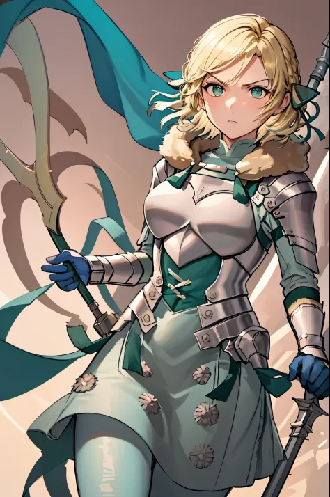 masterpiece, best quality,  waringrid, short hair, hair ribbons, shoulder armor, armor, breastplate, underbust, green coat, fur trim, vambraces, blue gloves, green skirt, white pants, green cape, standing, furrowed brow, serious, holding a spear with both ...
