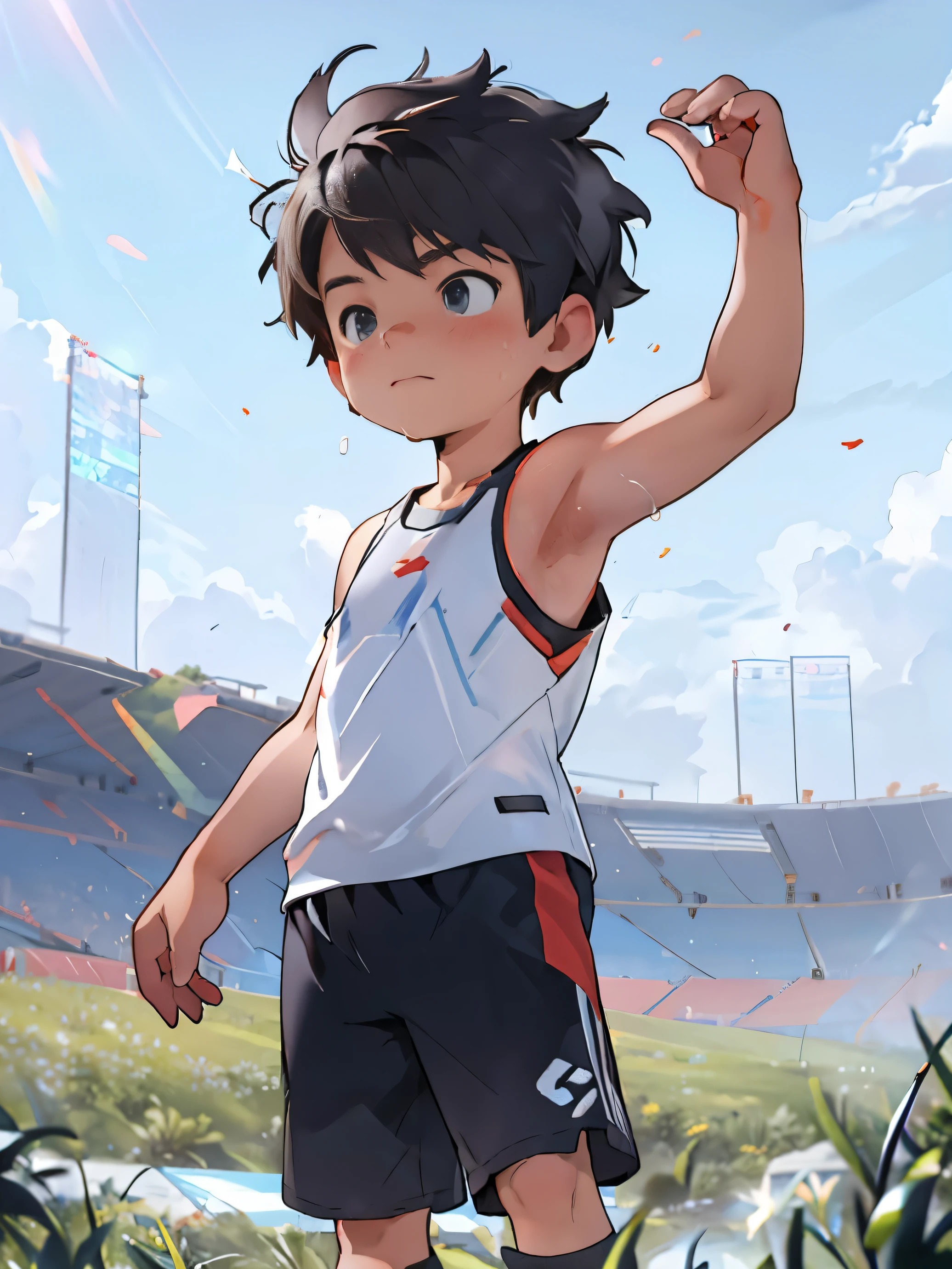 Highres, Masterpiece, Best quality at best,Best Quality,hight quality, hight detailed,1boy, 10-yaear-old boy, kids, short body, soccer athlete, shorts, (showing two armpit:1.3), tank top, sweat, young boy, (very young boy), (very small and short body), field