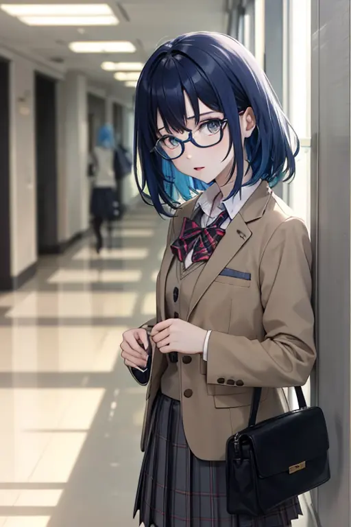 1 zombie, mature, school uniform,jacket, Cute,  anime,blue hair, White skin, gray eyes,School Corridor, glasses
