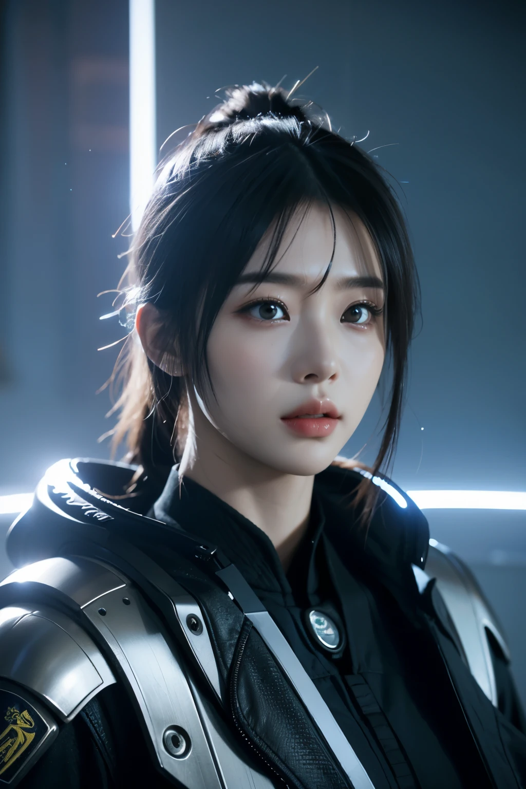 Game art，The best picture quality，Highest resolution，8k，((A bust photograph))，((Portrait))，(Rule of thirds)，Unreal Engine 5 rendering works， (The Girl of the Future)，(Female Warrior)， 22-year-old girl，(Female hackers)，(Ancient Oriental hairstyle)，(A beautiful eye full of detail)，(Big breasts)，(Eye shadow)，Elegant and charming，indifferent，((Frown))，(Battle wear full of futuristic tech，Clothing combines futuristic power armor and police uniforms，The garments are adorned with glittering patterns and badges)，Cyberpunk Characters，Future Style， Photo poses，City background，Movie lights，Ray tracing，Game CG，((3D Unreal Engine))，oc rendering reflection pattern