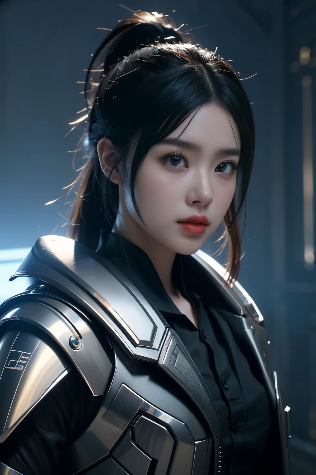 Game art，The best picture quality，Highest resolution，8K，((A bust photograph))，((Portrait))，(Rule of thirds)，Unreal Engine 5 rendering works， (The Girl of the Future)，(Female Warrior)， 22-year-old girl，(Female hackers)，(Ancient Oriental hairstyle)，(A beautiful eye full of detail)，(Big breasts)，(Eye shadow)，Elegant and charming，indifferent，((Frown))，(Battle wear full of futuristic tech，Clothing combines futuristic power armor and police uniforms，The garments are adorned with glittering patterns and badges)，Cyberpunk Characters，Future Style， Photo poses，City background，Movie lights，Ray tracing，Game CG，((3D Unreal Engine))，oc rendering reflection pattern