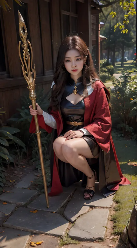 beautiful girl, holding a wizard&#39;s staff, kneel, fall, There is a slight wound., Dragon Fight