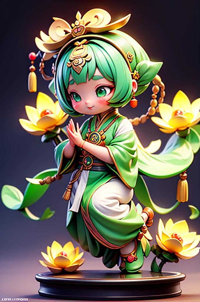 full body, lesbian(Mini version Q)，Cute Chinese Manchu girl，The beginning of spring clothes，Dressed in green，Lotus Leaf Shaped Hat，lotus in hand，Bright color，Manchu elements，complex parts，rich colors，focusing screen，IP from pop-market，Mini-model of a blind box，blind box toy，fine gloss，clean background，3Drendering，OC rendering，The best picture quality，8K，Super Detail，